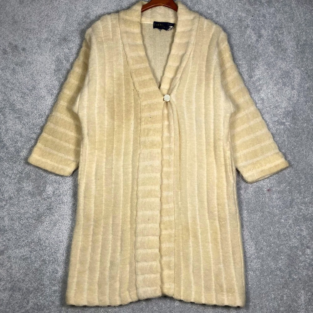 VTG 80s LeRoy Knit Cardigan Sweater Womens L Cream Mohair Wool Blend Longlined